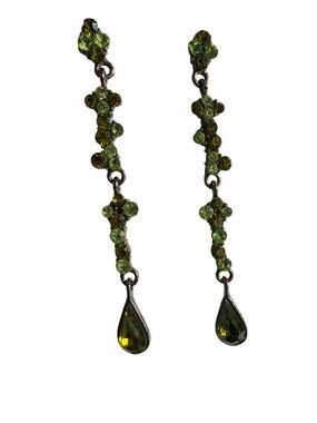 Gunmetal Long Articulated Dangle Earrings Green Rhinestones Pierced Elegant 2.5"